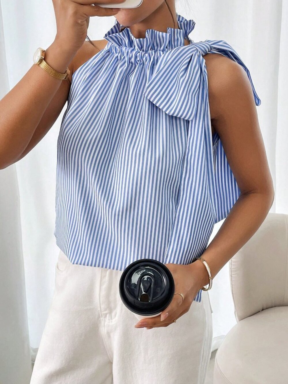 Blue Casual Women's Striped Ruffle Collar Bowknot Sleeveless Blouse - Picture 3 of 6